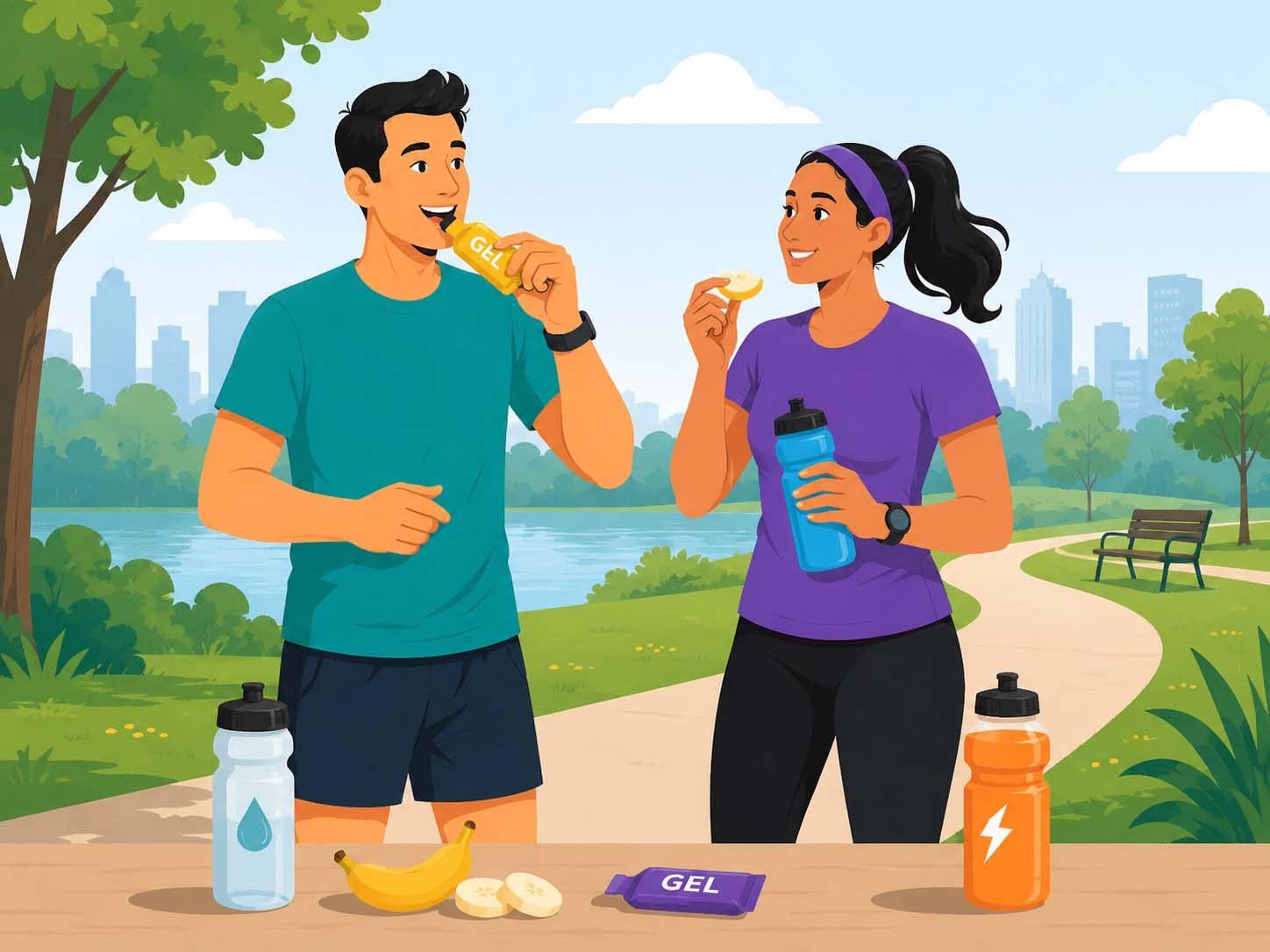 Marathon runners practicing race day fueling with water and snacks