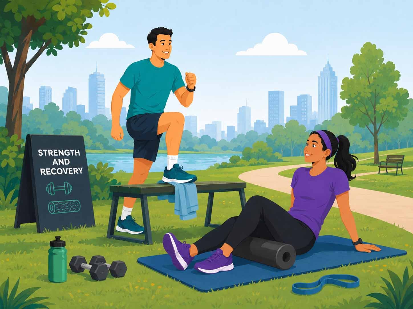 Runners stretching and doing strength training for marathon preparation