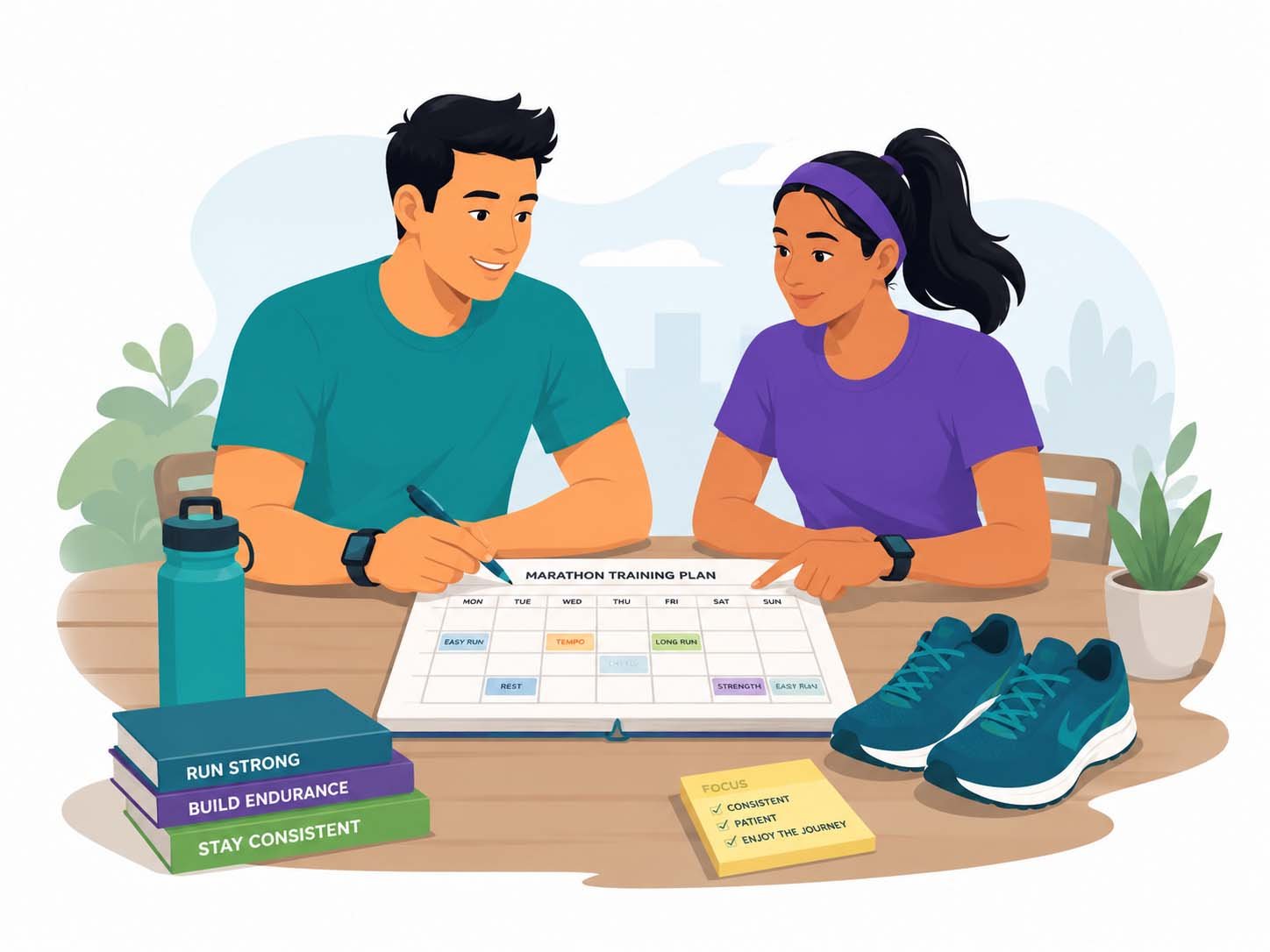 Runners planning a first marathon training schedule